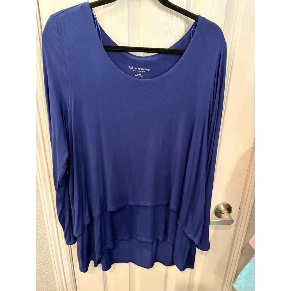 Soft Surroundings Tunic Top Blue Layered Tiered Split Back Long Sleeve XL 27661